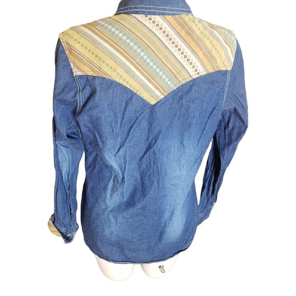 Wrangler M Long Sleeve Shirt Pearl Snap Button Up Denim & Aztec Yoke Shacket - Picture 2 of 11